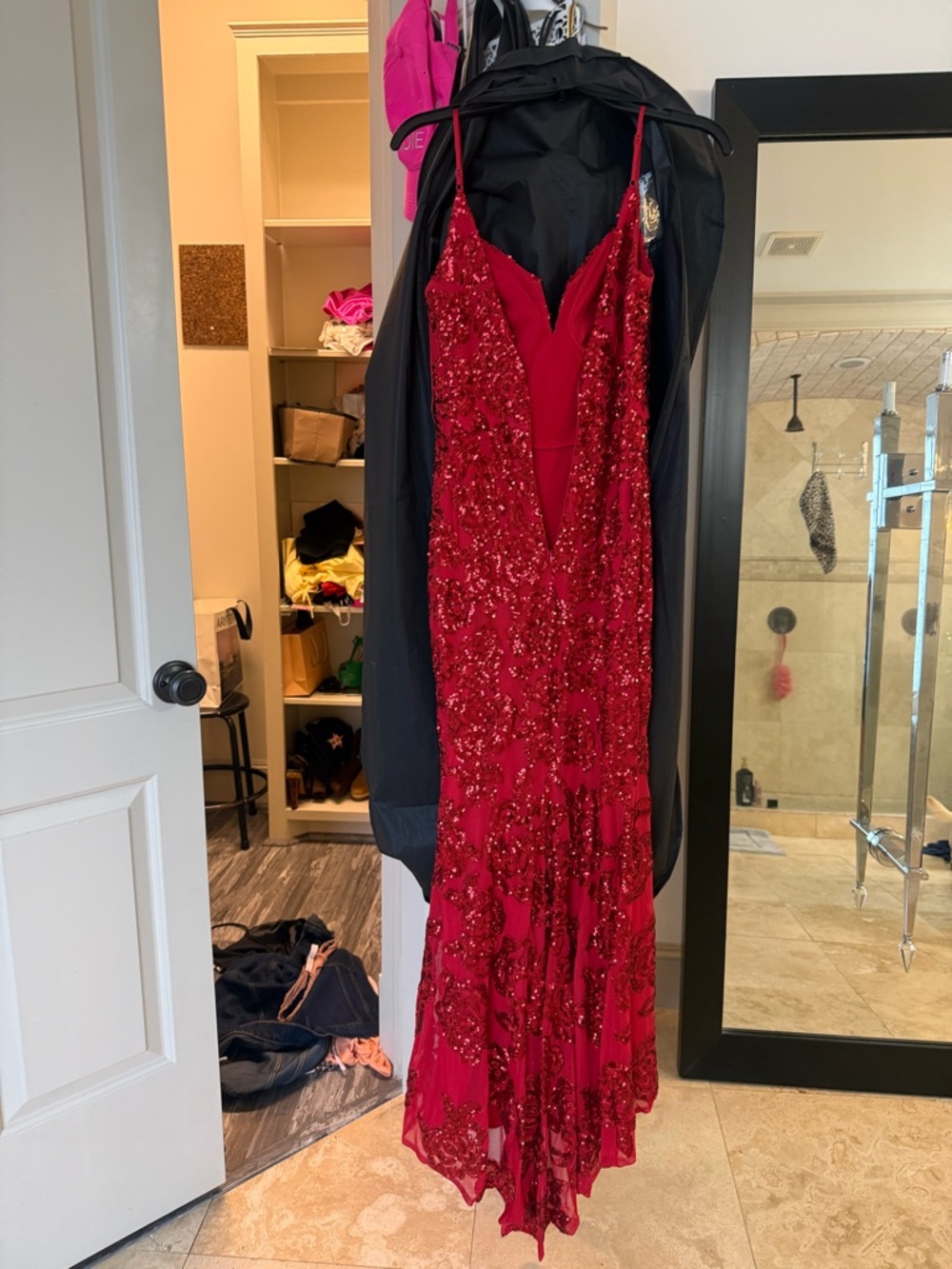 Blondie Nites Red Sequin Strapless Evening Dress